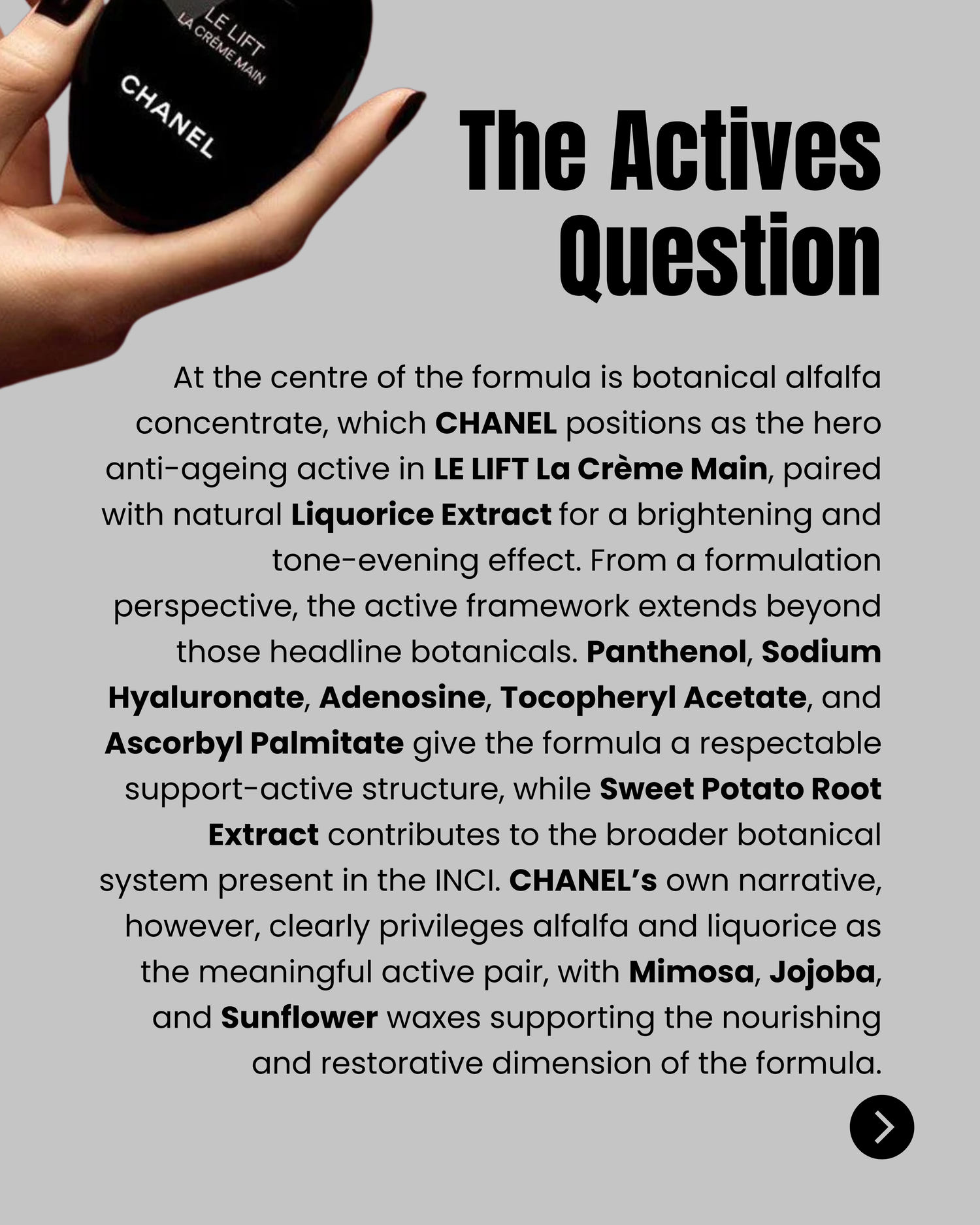 CHANEL Le Lift La Crème Main active framework and botanical claims analysis