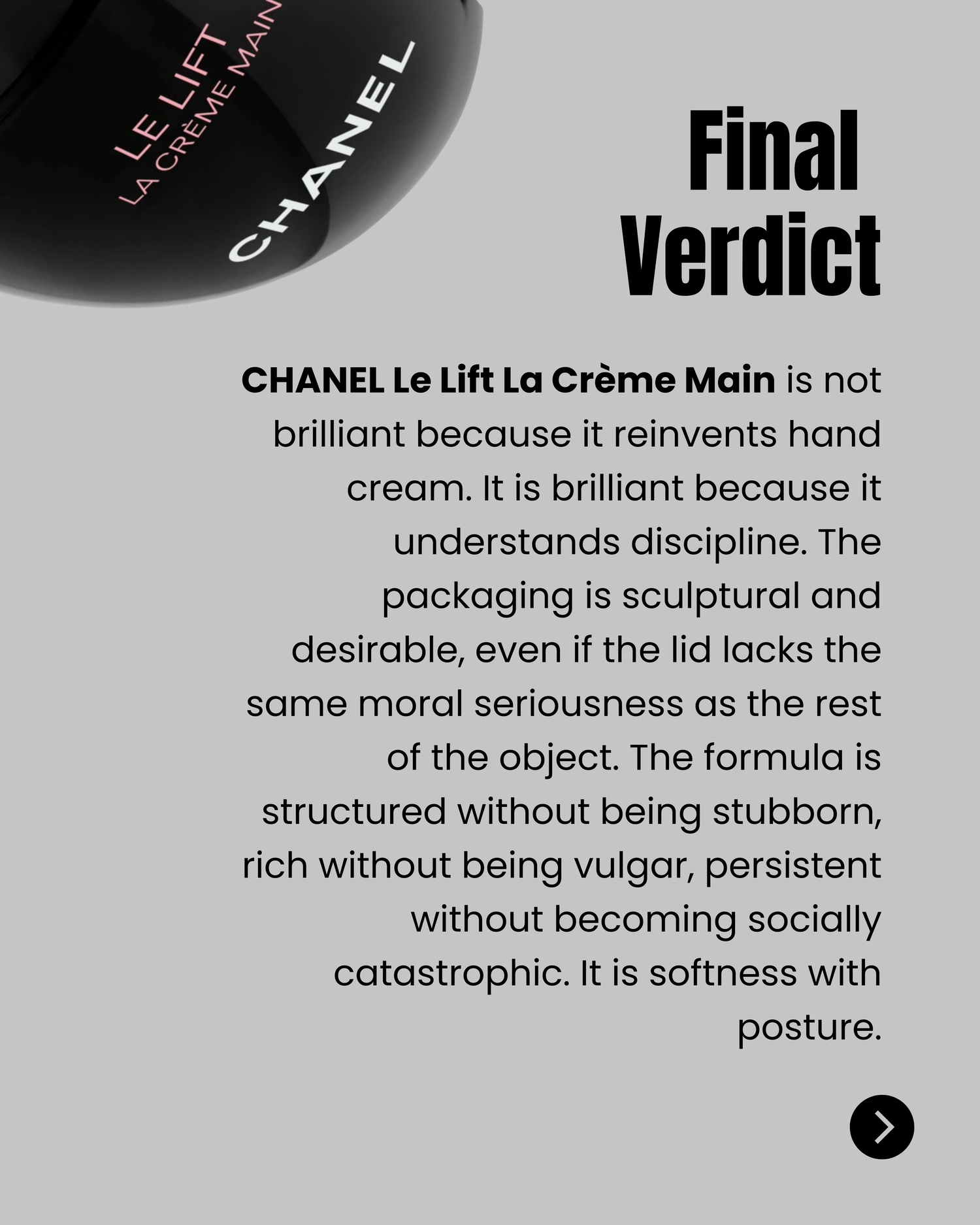 CHANEL Le Lift La Crème Main final formulation sensory and packaging verdict